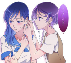 2girls blue_eyes blue_hair blue_sailor_collar blush dokidoki!_precure earrings hair_ornament hairclip hishikawa_rikka jewelry kenzaki_makoto long_hair multiple_girls negom precure purple_hair sailor_collar short_hair short_sleeves simple_background spade spade_(shape) spade_earrings translation_request white_background yuri