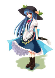 Rule 34 | 1girl, bad id, bad pixiv id, blue hair, boots, female focus, food, fruit, hat, hinanawi tenshi, hokamichi, long hair, peach, red eyes, sheath, sheathed, solo, sword, sword of hisou, taji (crowview), tassel, touhou, weapon