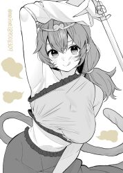 1girl armpits bare_shoulders blush breasts crop_top hair_between_eyes highres large_breasts long_hair looking_at_viewer low_twintails meimei_(meimei89008309) monkey_girl monkey_tail monochrome skirt smile solo son_biten tail tiara tongue tongue_out touhou twintails twitter_username white_background