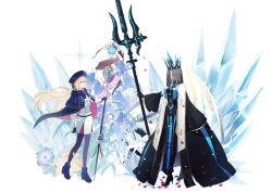 2girls absurdres artoria_caster_(fate) artoria_caster_(second_ascension)_(fate) artoria_pendragon_(fate) black_dress black_gloves blonde_hair closed_eyes crown dress fate/grand_order fate_(series) full_body gloves green_eyes hat high_heels highres holding holding_polearm holding_staff holding_weapon long_hair long_sleeves morgan_le_fay_(fate) morgan_le_fay_(queen_of_winter)_(fate) multiple_girls ninjin_(ne_f_g_o) polearm ponytail simple_background spear staff staff_of_selection_(fate) standing veil very_long_hair weapon white_hair