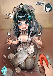 1boy 1girl ahoge apron artist_logo black_dress black_thighhighs blue_eyes blush consent_sticker cross-shaped_pupils crying cup dress full_body green_hair horizontal_pupils logo long_hair looking_at_viewer maid maid_apron mismatched_pupils open_mouth original ponytail pov remote_control_vibrator seiza sex_toy sitting spill symbol-shaped_pupils teacup teeth thighhighs tray trembling vibrator waist_apron yeougui