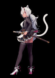 1girl animal_ears ankle_ribbon apron belt black_background black_bow black_bowtie black_skirt black_thighhighs blazer blouse bow bowtie breasts buttons cat_ears cat_tail closed_mouth dark-skinned_female dark_skin female_focus fighting_stance formal_clothes frilled_apron frills from_behind full_body glasses hair_over_one_eye high_heels highres holding holding_sword holding_weapon horns jacket katana large_breasts leg_ribbon legs_apart long_sleeves looking_at_viewer looking_back low_ponytail mechanical_hands miniskirt mole mole_under_mouth ninnzinn one_eye_covered oni_horns open_clothes open_jacket original pink_eyes pleated_skirt pocket ponytail ready_to_draw ribbon rimless_eyewear sash shirt shoes silver_hair simple_background single_mechanical_hand skirt smile solo standing sword tail thighhighs traditional_bowtie upskirt waist_apron weapon white_apron white_ribbon white_shirt white_shoes