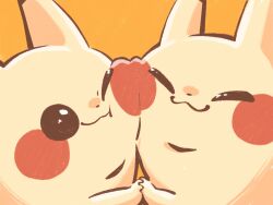 00tamakichi :3 ^_^ arm_up closed_eyes creatures_(company) fat game_freak gen_1_pokemon highres holding_hands looking_at_another nintendo no_humans one_eye_closed pikachu pokemon pokemon_(creature) simple_background upper_body yellow_background yellow_fur