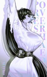 1girl absurdres arms_up belt black_belt black_hair breasts commentary dress english_commentary english_text exercising from_side hair_over_one_eye hands_out_of_frame high_ponytail highres huge_breasts large_breasts long_hair looking_down ponytail pungson_mori see-through_clothes simple_background sleeve_rolled_up solid_circle_eyes solo the_ring tight_clothes upper_body very_long_hair weightlifting white_dress wide_sleeves yamamura_sadako