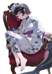 1girl absurdres alternate_costume barefoot cellphone chair chinese_commentary commentary ellen_joe feet fins fish_tail floral_print highres holding holding_phone japanese_clothes kimono looking_at_viewer maid_headdress phone runfufu shark_girl shark_tail sharkboo_(zenless_zone_zero) sideways_sitting_pose_(han-0v0) sitting smartphone solo tail white_background white_kimono zenless_zone_zero