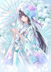 Rule 34 | 1girl, black hair, blush, butter, closed mouth, floral print, floral print kimono, flower, food, hair flower, hair ornament, highres, japanese clothes, kimono, long hair, looking at viewer, nagisa (pan to honey), original, parasol, print kimono, purple eyes, smile, solo, umbrella, white kimono, wide sleeves