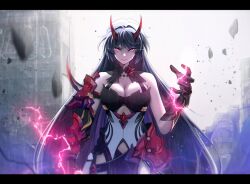 Rule 34 | 1girl, armor, bare shoulders, black gloves, breasts, cleavage, closed mouth, commentary, commission, cowboy shot, demon horns, dress, electricity, english commentary, frown, gloves, glowing, glowing eyes, hair between eyes, hand up, highres, honkai (series), honkai impact 3rd, horns, large breasts, letterboxed, long hair, looking at viewer, nervi fd, purple eyes, purple hair, raiden mei, raiden mei (herrscher of thunder), red horns, serious, solo, very long hair