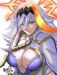 1girl baldr_(fire_emblem_heroes) breasts cleavage dated fire_emblem fire_emblem_heroes halo heterochromia highres large_breasts long_hair nintendo orange_eyes orange_hair orange_streaks single_hair_streak solo white_hair yellow_eyes yoltablaze