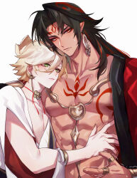 2boys abs absurdres asura_(onmyoji) bishounen black_hair blonde_hair chest_tattoo closed_mouth commentary earrings eyeliner facial_mark fingernails green_eyes height highres hug jewelry konsai_2 light_blush long_hair makeup male_focus multicolored_hair multiple_boys onmyoji pectorals red_eyeliner red_eyes red_hair red_tattoo sharp_fingernails short_hair simple_background streaked_hair symbol-only_commentary taishakuten_(onmyoji) tattoo upper_body white_background yaoi