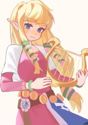 Rule 34 | 1girl, blonde hair, blue eyes, blush, breasts, closed mouth, dress, hair ornament, harp, highres, holding harp, instrument, jewelry, long hair, looking at viewer, nintendo, pink dress, pointy ears, princess zelda, sidelocks, simple background, smile, solo, tetsu00127275, the legend of zelda, the legend of zelda: skyward sword, white background