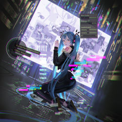 1girl alternate_costume aqua_eyes aqua_hair aqua_nails artist_name blurry character_name cytus cytus_ii dark dutch_angle female_focus fur_trim guitar_hero hatsune_miku highres holo hologram leekspin_(meme) long_hair looking_at_viewer looking_back meme midriff monitor nail_polish power_lines sawana screen_light solo tattoo twintails vocaloid