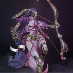 1girl 3d arrow_(projectile) black_gloves bow_(weapon) bracer breasts covered_navel drawing_bow fate/grand_order fate_(series) female_focus fingerless_gloves from_below gloves highres holding holding_bow_(weapon) holding_weapon katana large_breasts leg_up leslyzerosix long_hair low-tied_long_hair minamoto_no_raikou_(fate) parted_lips purple_eyes purple_hair quiver sandals solo sword very_long_hair weapon