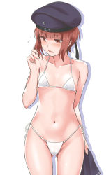 10s 1girl beret bikini blush breasts brown_eyes brown_hair cameltoe character_name cleavage clothes_writing collarbone commentary covered_erect_nipples cowboy_shot embarrassed female_focus flying_sweatdrops hat kantai_collection looking_away navel nervous open_mouth sailor_hat short_hair side-tie_bikini_bottom silhouette small_breasts solo string_bikini swimsuit twirling_hair unworn_shirt white_background white_bikini youkan z3_max_schultz_(kancolle)