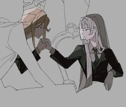Rule 34 | 1boy, 2girls, black jacket, black necktie, brown hair, chair, chinese commentary, closed mouth, collared shirt, commentary request, contemporary, dikke, expressionless, grey background, grey eyes, grey hair, highres, jacket, ligne claire, long hair, long sleeves, looking at another, multiple girls, necktie, orange eyes, profile, reverse:1999, shirt, simple background, sitting, smile, tennant (reverse:1999), white shirt, yuri, zhizhizi