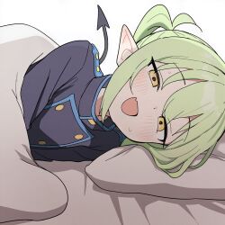 1girl ai-assisted bed_sheet blue_archive blue_jacket blush commentary demon_girl demon_tail fang green_hair half-closed_eyes highres jacket lativi_(ltv60) looking_at_viewer lying no_headwear nozomi_(blue_archive) on_bed on_side open_mouth pillow pointy_ears skin_fang solo tail yellow_eyes