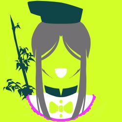 Rule 34 | bamboo, black headwear, branch, collared shirt, frilled shirt, frilled shirt collar, frills, green background, green ribbon, grey hair, hat, leaf, limited palette, long hair, maskin mei, minimalism, open mouth, ribbon, shirt, smile, tate eboshi, teireida mai, touhou