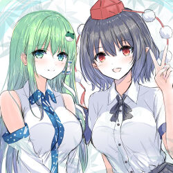 Rule 34 | 2girls, black hair, black skirt, breasts, collared shirt, commentary request, detached sleeves, frog hair ornament, green eyes, green hair, hair ornament, hair tubes, hat, kochiya sanae, large breasts, long hair, looking at viewer, medium hair, multiple girls, no wings, open mouth, pointy ears, pom pom (clothes), red eyes, red hat, shameimaru aya, shirt, short sleeves, single hair tube, skirt, smile, snake hair ornament, tokin hat, tomo (uguisu-tei), touhou, v, white shirt