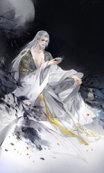 1boy alcohol asian berry black_eyes black_hanfu branch character_request chinese_clothes chinese_commentary closed_mouth collarbone commentary_request cup eyelashes forehead full_body full_moon gradient_hanfu hanfu highres holding holding_cup hua_yu_jian kneeling leaf lips long_hair long_sleeves looking_at_viewer male_focus moon night night_sky outdoors pectoral_cleavage pectorals petals pink_lips ribbon sake sky smile smoke solo thick_eyebrows tokkuri very_long_hair waist_ribbon white_hair white_hanfu wide_sleeves ye_dian_pikaqiu yellow_ribbon