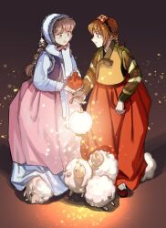 2girls black_hair blue_scarf braid brown_hair character_request chinese_new_year chinese_zodiac clothing_request copyright_request flower full_body hair_flower hair_ornament holding holding_lantern imam_(oozlo) korean_commentary lantern long_hair long_sleeves multiple_girls pale_skin scarf sheep single_braid striped_clothes tagme year_of_the_goat