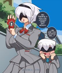 Rule 34 | 1boy, 1girl, 2b (nier:automata), 9s (nier:automata), absurdres, android, bleach, blindfold, breasts, cosplay, english text, fingerless gloves, gloves, highres, karakura high school uniform, kuchiki rukia, kuchiki rukia (cosplay), large breasts, lips, medium hair, mole, mole under mouth, nier (series), outdoors, school uniform, short hair, skirt, speech bubble, volter x volter, white hair