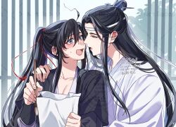 2boys ahoge black_hair black_hanfu blush calligraphy_brush chinese_clothes collarbone dated eyelashes grey_eyes hair_ornament hair_ribbon half-closed_eye hanfu headband holding holding_calligraphy_brush holding_paintbrush holding_paper imminent_kiss kimako_(kimako_8) lan_wangji lattice long_hair long_sleeves looking_at_another male_focus modao_zushi multiple_boys open_mouth paintbrush paper pectorals ponytail red_ribbon ribbon robe sidelocks smile sweatdrop tassel tassel_hair_ornament topknot tree twitter_username upper_body watermark wei_wuxian white_hanfu white_headband xiao_guan_(headdress) yaoi