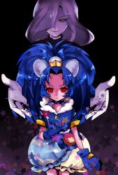 Rule 34 | 1boy, 1girl, aihira (aihira12), animal ear fluff, animal ears, big hair, black background, black shirt, blue choker, blue dress, blue gloves, blue hair, blue jacket, bright pupils, bubble skirt, choker, closed mouth, collarbone, corruption, cowboy shot, crown, crown earrings, cure gelato, dress, earrings, elisio (precure), empty eyes, expressionless, eyelashes, eyes visible through hair, food, food-themed clothes, food-themed hair ornament, food print, frilled dress, frills, fur-trimmed jacket, fur trim, gloves, gold crown, gradient background, green eyes, grey hair, hair ornament, hair over one eye, ice cream, ice cream cone, jacket, jewelry, kirakira precure a la mode, lion ears, lion girl, lion tail, long hair, long sleeves, magical girl, mini crown, outstretched arms, outstretched hand, pale skin, palms, parted lips, precure, red eyes, red pupils, shirt, short dress, short sleeves, skirt, smirk, standing, star (symbol), star symbol background, straight-on, tail, tategami aoi, tsurime, turtleneck, turtleneck shirt, two-tone dress, wavy hair, yellow dress