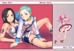 00s 3girls all_fours anemone_(eureka_seven) boyshort_panties cover cover_page eureka_(eureka_seven) eureka_seven eureka_seven_(series) ha-ru high_heels highres long_legs lying multiple_girls panties pantyshot standing talho_yuuki tattoo thigh_strap underwear