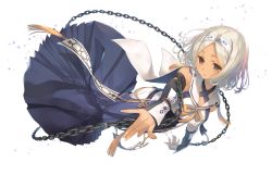 1girl ainu_clothes aquaplus armband breasts brown_eyes chain chained_wrists closed_mouth dark-skinned_female dark_skin dress fingernails full_body gradient_eyes gradient_hair hair_ornament hairband highres horn long_dress looking_afar looking_at_viewer lying medium_breasts medium_hair mitsumi_misato multicolored_eyes multicolored_hair official_art on_side pointing pointing_at_viewer raised_eyebrows sideboob sidelocks silver_hair solo transparent_background utawarerumono utawarerumono:_lost_flag wrist_cuffs yu-myu_(utawarerumono:_lost_flag)