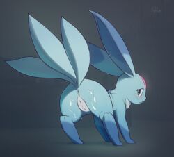 1girl :&lt; animal_focus animal_sexualization anus artist_name ass carbuncle_(final_fantasy) cleft_of_venus clitoris closed_mouth cum cum_on_ass cum_on_body female_focus final_fantasy final_fantasy_xi from_behind full_body grey_background grey_eyes highres kekitopu looking_at_viewer looking_back multiple_tails no_humans profile pussy signature simple_background solo standing tail uncensored