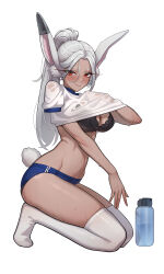 Rule 34 | 1girl, absurdres, animal ears, black bra, black panties, blue buruma, blush, boku no hero academia, bottle, bra, breasts, buruma, cleavage, clothing cutout, commentary, dark-skinned female, dark skin, english commentary, gotica, hair between eyes, hand under clothes, hand under shirt, highres, kneeling, lace, lace-trimmed panties, lace trim, large breasts, long eyelashes, long hair, looking at viewer, mirko, navel, panties, panty peek, parted bangs, ponytail, prosthetic ear, rabbit ears, rabbit girl, rabbit tail, red eyes, shirt, short sleeves, simple background, skindentation, solo, stomach, sweat, sweaty clothes, tail, tail through clothes, thick thighs, thighhighs, thighs, tiptoes, toned, toned female, underwear, undressing, very long hair, water bottle, wavy mouth, white background, white hair, white shirt, white thighhighs
