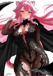 1girl absurdres animal_ears black_cape black_dress blush breasts cape commentary dfswift dress english_commentary highres hololive hololive_english large_breasts long_hair panther_ears panther_girl panther_tail pink_hair raora_panthera simple_background smile solo tail thighs virtual_youtuber yellow_eyes