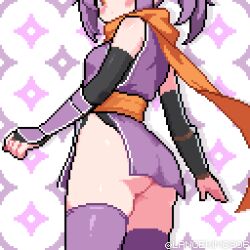 Rule 34 | 1girl, ass, blush, breasts, brown eyes, kusagakure satoko, lancekim0806, looking at viewer, ninja, ninja to koroshiya no futarigurashi, no panties, pixel art, ponytail, purple hair, purple thighhighs, simple background, small breasts, solo, thighhighs