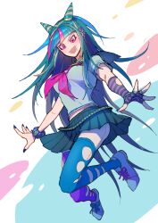 1girl asymmetrical_legwear black_hair black_sailor_collar black_scrunchie blue_hair danganronpa_(series) danganronpa_2:_goodbye_despair ear_piercing face_piercing gloves hair_horns highres jewelry lip_piercing long_hair looking_at_viewer mioda_ibuki mismatched_legwear mouth_piercing multicolored_hair neckerchief open_mouth piercing pink_eyes pink_hair pink_neckerchief sailor_collar scar scar_on_leg school_uniform scrunchie serafuku shirt short_sleeves skirt smile solo striped_clothes striped_gloves teeth thighhighs torn_clothes torn_thighhighs white_hair wrist_scrunchie youko-shima
