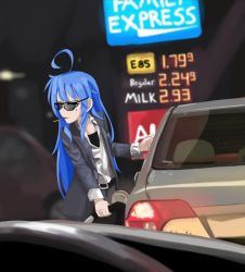 1girl ahoge belt blue_hair car collared_shirt commentary english_commentary english_text food formal_clothes gas_station highres honda honda_civic izumi_konata kurokimoko long_hair lucky_star meme mole mole_under_eye motor_vehicle pants pocky self-upload shirt solo sports_bra suit sunglasses with_a_car_you_can_go_anywhere_you_want_(meme)