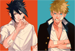 Rule 34 | 2boys, absurdres, bandages, bandaid, bandaid on arm, bandaid on cheek, bandaid on face, bandaid on nose, black eyes, black hair, black jacket, blonde hair, blood, blue background, blue eyes, collared shirt, crossed arms, crystal necklace, cuts, delinquent, facial hair, facial mark, gakuran, highres, injury, jacket, looking at viewer, male focus, mirin (coene65), multiple boys, naruto (series), naruto shippuuden, open clothes, open jacket, orange background, parted lips, school uniform, shirt, two-tone background, uchiha sasuke, upper body, uzumaki naruto, whisker markings, white shirt