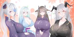 4girls aegir_(azur_lane) animal_ears artist_name azur_lane black_horns black_kimono blue_kimono breasts butterfly_over_eye cleavage closed_mouth cow_ears cow_girl cow_horns hair_over_one_eye hair_ribbon high_ponytail highres horns huge_breasts japanese_clothes kashino_(azur_lane) kearsarge_(azur_lane) kimono livetarica long_hair looking_at_viewer multicolored_hair multiple_girls ponytail purple_eyes purple_hair purple_kimono red_hair ribbon signature streaked_hair unzen_(azur_lane) very_long_hair white_hair white_ribbon