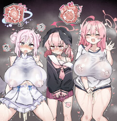 1futa 2girls ? absurdres aftersex ahoge black_hat black_shirt black_wings blue_archive breasts closed_eyes covered_erect_nipples cum cum_on_body cum_on_legs cumdrip double_bun dress fertilization futa_with_female futanari hair_bun hanako_(blue_archive) hat head_wings heart heart-shaped_pupils highres huge_breasts koharu_(blue_archive) large_areolae large_nipples long_hair mika_(blue_archive) multiple_girls nipples open_mouth ovum penis penis_peek pink_eyes pink_hair puffy_nipples red_skirt see-through_clothes shirt skirt sleeveless sleeveless_dress sleeves_past_wrists smile sperm_cell spoken_question_mark standing symbol-shaped_pupils translation_request white_dress white_shirt white_wings wings yellow_eyes zea_lark