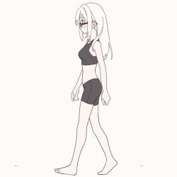 1girl animated animated_gif asutora asutora-chan barefoot bike_shorts black-framed_eyewear black_sports_bra breasts from_side full_body glasses grey_background legs looping_animation medium_breasts original simple_background solo sports_bra walking white_hair