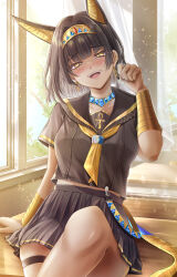 1girl :d absurdres ancient_egyptian animal_ears ankh anubis_(mythology) anubis_(mythology)_(cosplay) black_sailor_collar black_serafuku black_skirt blush bracelet circlet cosplay crossed_legs dark-skinned_female dark_skin desk earrings egyptian_mythology fake_animal_ears fingernails god-sun2731 gold highres indoors jackal_ears jewelry looking_at_viewer nail_polish necklace open_mouth original sailor_collar school_desk school_uniform serafuku sharp_fingernails short_hair sitting skirt smile teeth upper_teeth_only yellow_eyes