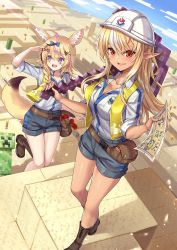 1other 2girls animal_ear_fluff animal_ears arrow_(projectile) black_hair blonde_hair blue_bow blue_sky blush boots bow braid breasts brown_footwear cactus collarbone collared_shirt creeper desert elf explosive hair_bow hair_ornament hairclip hand_on_own_head hard_hat helmet highres holding holding_map holding_pickaxe hololive ks_(xephyrks) long_hair map medium_breasts minecraft minecraft_pickaxe multicolored_hair multiple_girls omaru_polka open_mouth orange_eyes outdoors pickaxe pointy_ears purple_eyes shiranui_flare shirt short_shorts shorts sky smile streaked_hair tail tnt tnt_block_(minecraft) vest virtual_youtuber white_hair white_headwear white_shirt yellow_vest