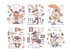 Rule 34 | boots, bow, bowtie, bucket, cane, capelet, carrot, clothed pokemon, coin, cookie, cup, deerstalker, eevee, english text, fangs, fishing rod, flag, flower, food, footprints, full body, gen 1 pokemon, gen 3 pokemon, gen 4 pokemon, gen 7 pokemon, gen 8 pokemon, gingerbread man, hat, japanese clothes, limited palette, looking at viewer, magnifying glass, mallet, manami (uovoegg), meowth, mug, nintendo, no humans, onion, open mouth, outstretched arms, overalls, pikachu, piplup, pocket watch, pokemon, pokemon (creature), rain, raincoat, rubber boots, sandwich, scorbunny, simple background, smoking pipe, spinning top, spread arms, spring (season), summer, sun, tulip, turnip, umbrella, wailmer, watch, white background, wishiwashi, yamper