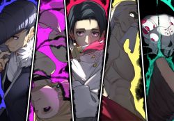 1girl 1other 3boys arata_(noneetyesnito) black_hair blonde_hair cigarette dhruv_lakdawalla forehead ishigori_ryu jujutsu_kaisen katana kurourushi_(jujutsu_kaisen) monster multiple_boys okkotsu_yuuta purple_eyes sword topless_male uro_takako weapon white_hair yellow_eyes