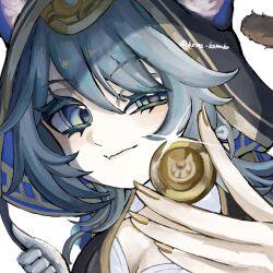 1girl animal_hood between_fingers black_hood blue_eyes cat_hood cat_tail cipher_(honkai:_star_rail) closed_mouth coin fang glint hands_up highres holding holding_coin honkai:_star_rail honkai_(series) hood koma_komeko looking_at_viewer portrait skin_fang solo tail twitter_username uneven_eyes white_background yellow_nails