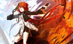 1girl :d absurdres arknights arm_up black_boots black_jacket black_shorts blue_sky boots cloud commentary controller cropped_jacket day dokgo_die_docta_(d_o_t) dress explosion exusiai_(arknights) gun hair_between_eyes hand_up handgun highres holding holding_gun holding_weapon jacket open_mouth orange_eyes outdoors red_hair remote_control short_shorts shorts sky smile solo standing standing_on_one_leg weapon white_dress