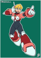 1girl alia_(mega_man) android arm_guards armor armored_boots black_bodysuit blonde_hair blue_eyes bodysuit boots bracer breastplate chest_jewel cuirass dailyrockman elbow_pads gauntlets gloves green_background hair_between_eyes headphones joints knee_boots knee_pads mechanical_arms mechanical_boots mega_man_(series) mega_man_x_(series) open_mouth plate_armor pointing radio_antenna robot_girl robot_joints shoulder_armor simple_background solo