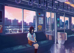 1girl absurdres black_hair blue_skirt blunt_bangs city city_lights highres kneehighs long_hair looking_at_phone phone school_uniform seerlight serafuku sitting skirt socks solo tagme train_interior watermark