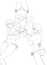 Rule 34 | 1girl, ass, back, bikini, blush, breasts, cleavage, commentary request, cowboy shot, crossed arms, feet out of frame, from behind, hand on own elbow, light frown, lineart, looking back, lying, medium breasts, monochrome, multiple views, navel, o-ring, o-ring bikini, on back, original, ryuuta (msxtr), short hair, side-tie bikini bottom, smile, striped bikini, striped clothes, swimsuit