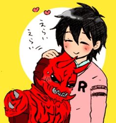 1nino35 2boys ^_^ black_eyes black_hair blush circle_background closed_eyes head_against_chest headpat heart japanese_text kamen_rider kamen_rider_den-o_(series) male_focus momotaros monster monster_boy multiple_boys nogami_ryoutarou oni pink_shirt sharp_teeth shirt smile sweatdrop teeth tsundere