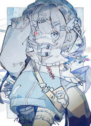 1girl absurdres bag bandaid bandaid_on_face bandaid_on_hand bandaid_on_nose blue_nails cross eyepatch fish_skeleton_hair_ornament highres jacket nail_polish original outside_border pill red_cross satchel solo soresaki syringe