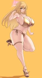 1girl alternate_breast_size alternate_costume aster_crowley bare_shoulders bikini blonde_hair blue_archive blush breasts brown_eyes cleavage collarbone full_body gold_bikini halo high_heels highres huge_breasts long_hair looking_at_viewer navel shokuhou_misaki sideboob smile solo sparkling_eyes star_(symbol) swimsuit symbol-shaped_pupils thick_thighs thigh_strap thighs toaru_kagaku_no_railgun toaru_majutsu_no_index yellow_background